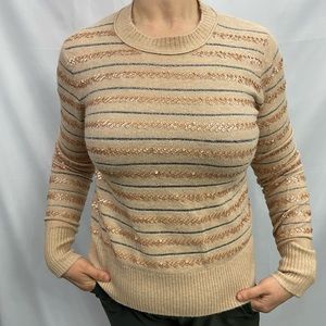 Women's J Crew wool blend tan and gold sequin crew neck sweater merino wool